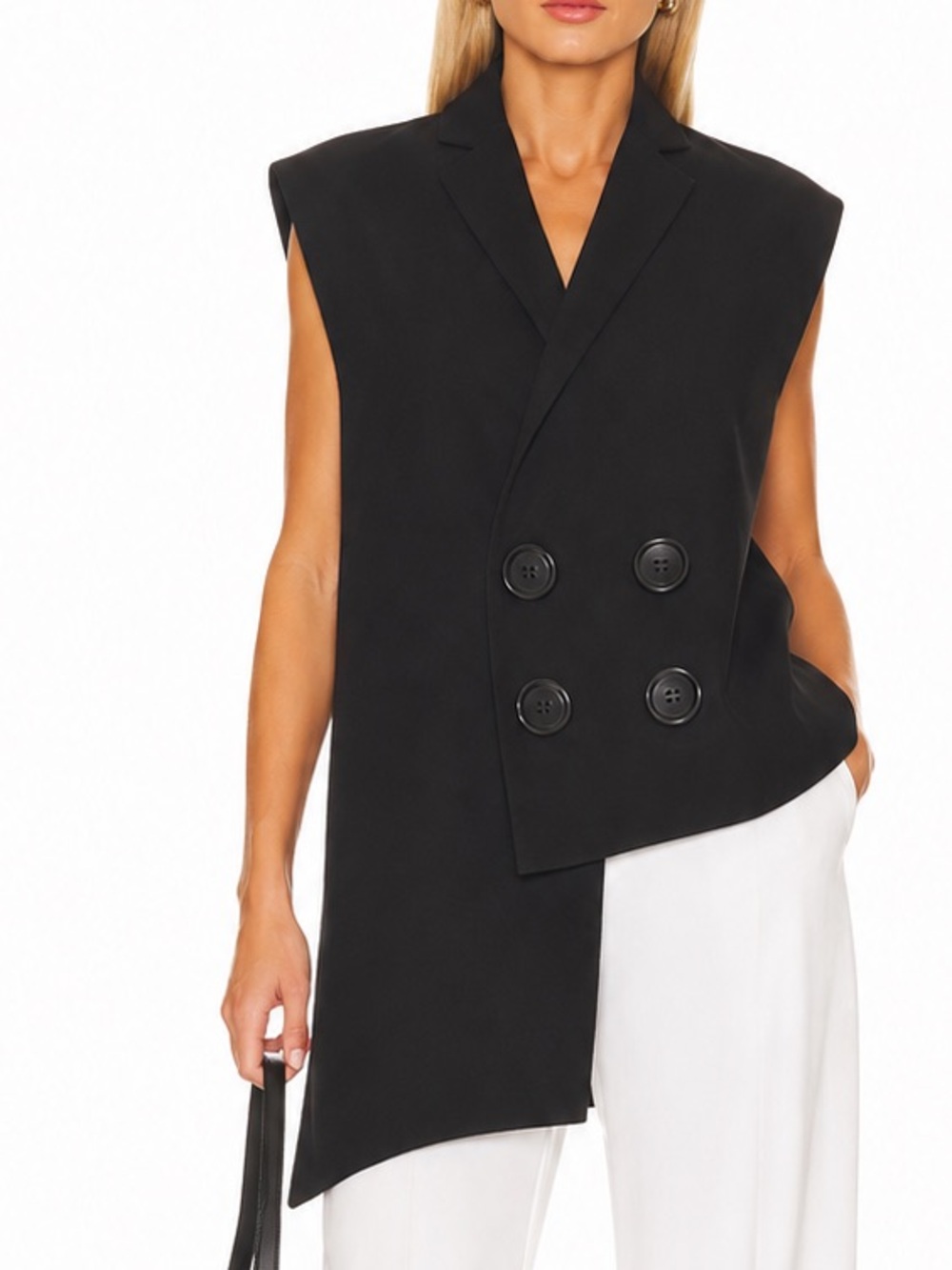 FRACTAL Asymmetrical Double Breasted Sleeveless Blazer Vest Black open side